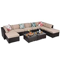 PHI VILLA 10-Piece Outdoor Furniture Set Rattan Patio Sectional Sofa with Tea Table and Ottoman, Beige