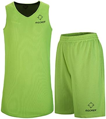 Rigorer Men’s Reversible Basketball Uniforms 2 Sides Wear Sports Jersey and Mesh Shorts Training Tank Top Set Black/Neon Green 2XL