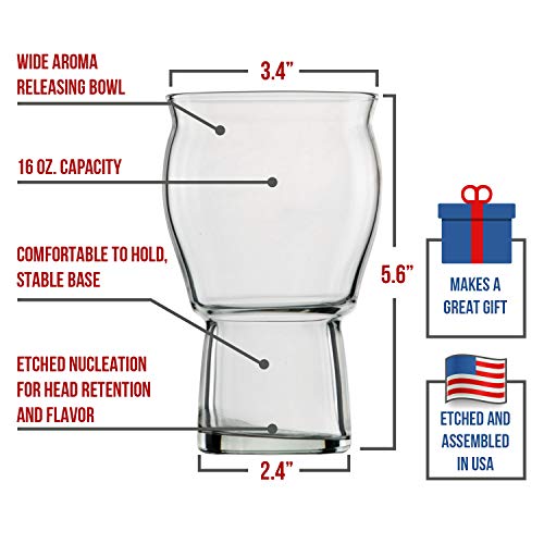 Set of 4 Nucleated Beer Glasses for Better Head Retention, Aroma and Flavor - 4 Unique Craft Beer Glass for Beer Drinking Enhancement - Beer Glass Gift Idea for Men