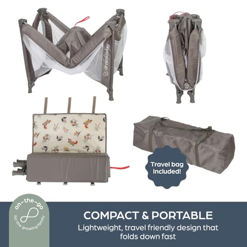Dreambaby Quest Full Size Travel Cot, Lightweight, from Birth to 15kg, Easy Fold & Compact, Travel Bag, 120cm x 60cm, Custom Mattress Included