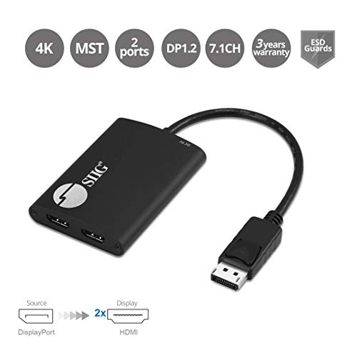 SIIG DisplayPort Splitter for Dual Monitors, DisplayPort 1.2 to 2 HDMI