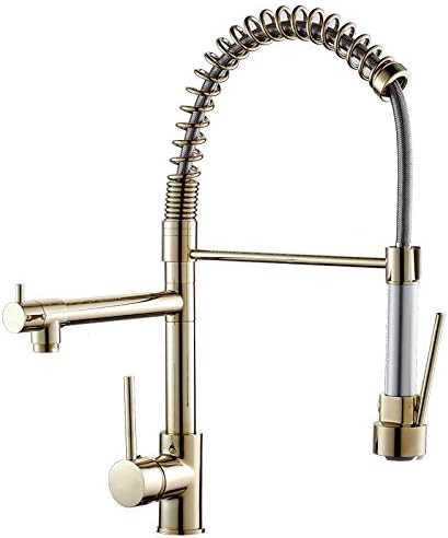 JiuZhuo Gold Single Hole Kitchen Sink Faucet with Pull Down Sprayer,Single Level Kitchen Sink Mixer Tap with High-Arc Swivel Spout