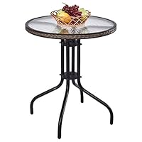 Custpromo 24" Outdoor Patio Bistro Rattan Package Edge Steel Frame Tempered Glass Top Round , Φ24" x 28"h, Black