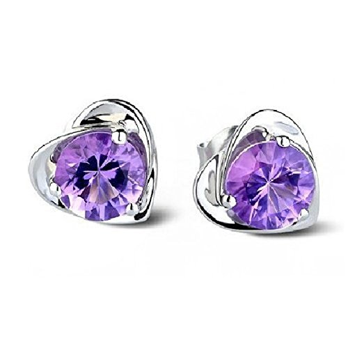 Amethyst Purple Crystal Diamond Design Heart Shape Stud Earrings for Women Ladies Gift Pack of 1 pair