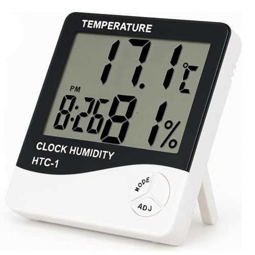 Termômetro Higrômetro Digital HTC-1 — Medidor de Temperatura e Umidade com Relógio, Alarme e Memória Máx/Mín | Display LCD Grande para Casa, Escritório, Quarto de Bebê e Estufa