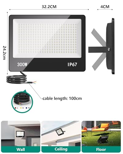 HAPYLUMI Outdoor LED Floodlight, 30000 W, 30000 LM Powerful Outdoor LED Spotlight, 6500 K Cool White Security Lighting IP67 Waterproof for Garden, Patio, Garage, Terrace, Warehouse