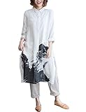 Yesno Q18 Women Long Button-Down Shirts Blouses Dress Casual Loose Fit Ink Painting 100% Linen Highly Split Sides,White,Large