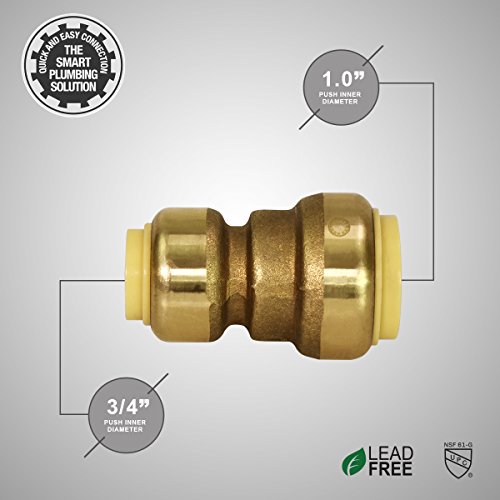 Pushlock UPSC134 Reducing Coupling Pipe Fittings Push to Connect Pex Copper, CPVC, 1 x 3/4 Inch, Brass, 4, Brass & Copper