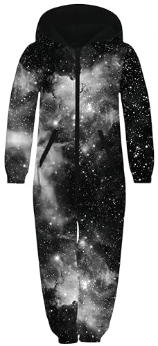 Ocean Plus Unisex Langarm Reißverschluss Kapuze Fleece Overall Jungen Digitaldruck Fleece Mädchen Einteiler Mit Kapuzen (M (Körpergröße: 135-140 Cm), Schwarze Galaxie)