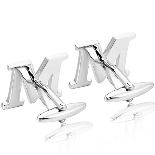 MOWOM Silver Tone 2PCS Rhodium Plated Cufflinks Initial Letter Capital Alphabet M Shirt Wedding - Thumbnail 3