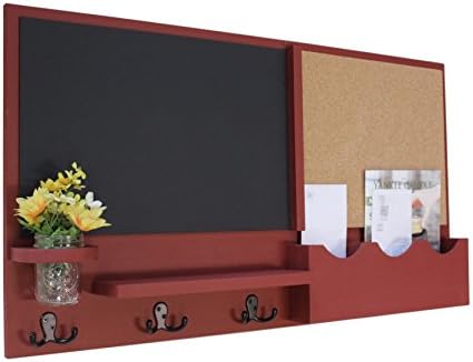 Legacy Studio Décor Message Center with Chalkboard Cork Board Mail Organizer Key Hooks Coat Hooks Mason Jar (Smooth, Barn Red)