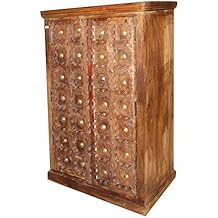 Mogul Interior Antique Indian Carved Armoire Cabinet Brass Medallions Old Teak Chest Eclectic Design