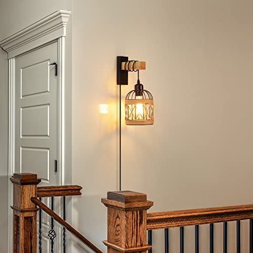 HOTRAN Plug in Wall Sconces Set of Two, Farmhouse Wall Lamps for Bedrooms Set of 2, Rustic Wall Mounted Lights for Bedside, Living Room, Sconces Wall Lighting Fixtures with 60inch On/Off Switch Cord