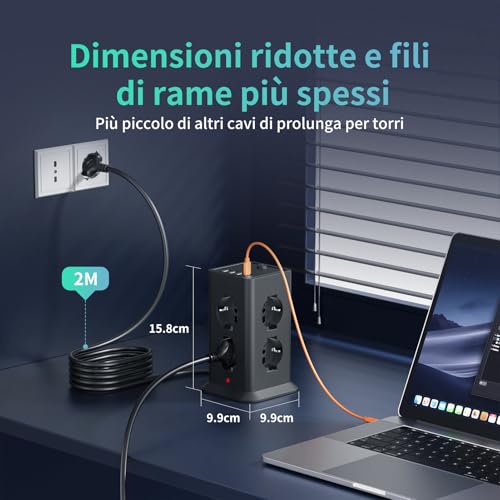 2 M Power Strip with 8 Universal Sockets 10/16A ITA and Schuko and 3 USB A+1 USB C Overvoltage Protection with 1 Switches for Office, Home, 3680 W Electrical Extension Socket, Black | 8 10A/16A AC Prese Multipla, Protezione Sovratensione Prolunga Elettrica,1 Interruttori Torretta Scarpetta Verticale 3680W
