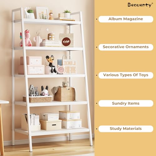 Beauenty Ladder Shelf, 5 Tier Bookshelves Bookcase, Corner Storage Racks, Freestanding Shelf Organizer for Living Room, Bedroom, Kitchen, Bathroom, Metal Frame (White)