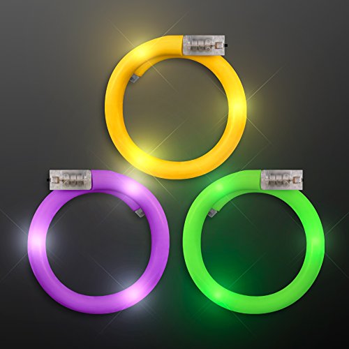 Flashing LED Mardi Gras Light Up Wrap Around Tube Bracelets, Assorted Purple, Green & Gold (Set of 12)