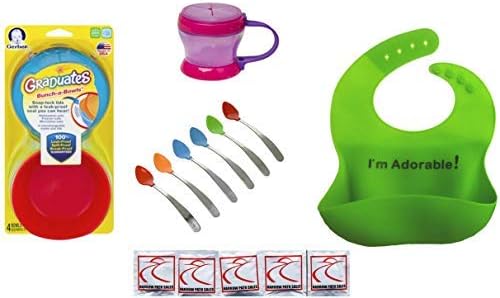 NUK Spoons, Bowls, Snack Catcher, Silicone Waterproof Bib - Feeding Utensil Convenience Set - Bundle of 4