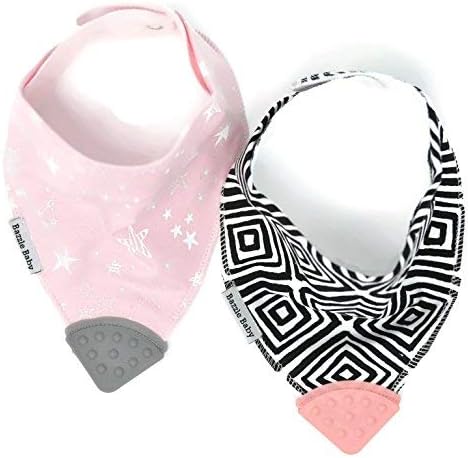 Bandana Drool Bib, Absorbent Cotton Front and Polyester Back, Silicone Soother for Teething Babies 2-Pack for Girls Pink with Stars and Diamonds Blaby Bazzle Baby