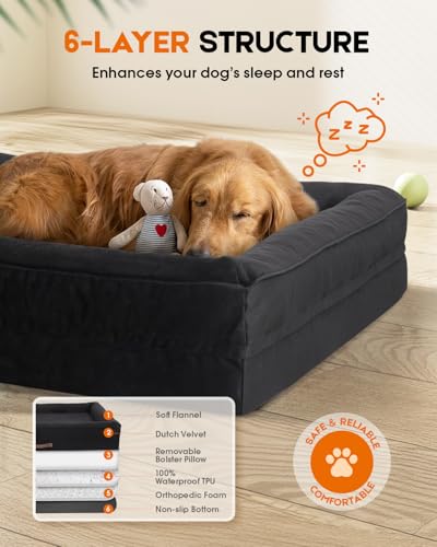 Orthopedic XXL Dog Bed for Giant Dogs, Non-Slip Bottom with Washable Cover | Waterproof, Machine Washable, Removable Cover, Egg Foam, Four-Sided Bolster, Joint Pain Relief, Senior Dogs, Black Dog Bed