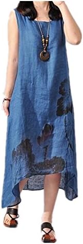 Tengfu Women's Sleeveless Ink Print Irregular Cotton Linen Long Maxi Dress Blue