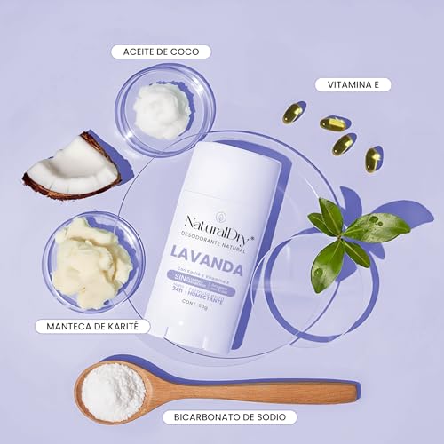 NaturalDry - Desodorante Natural Mujer - Sin Aluminio - Sin Parabenos - No obstruye los poros - Elimina el mal olor - NO HUELES - En barra olor Lavanda para axilas - Duración de 24h (1 unidad)