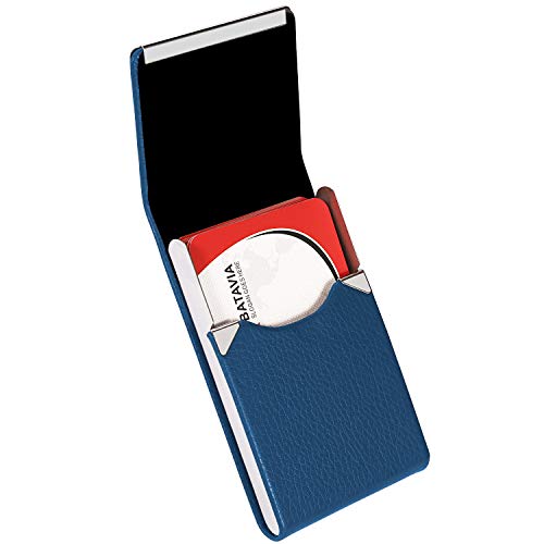Business Card Holder Case - JuneLsy Professional PU Leather Business Card Case Metal Name Card Holder Pocket Business Card Carrier for Men & Women with Magnetic Shut (Blue-y) - Thumbnail 4