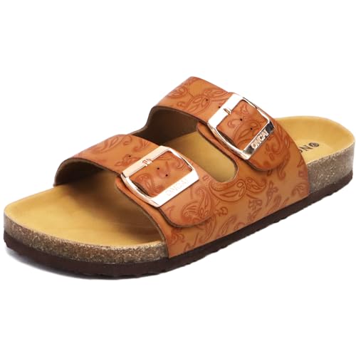 412I9d9MKjL Oncai Damen Pantoletten Bequeme Hausschuhe Mit Kork-Fußbett Suede Kork-Fußbett Sandalen Mit Verstellbarer Rieme Floral Khaki 36 Eu