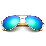 VeBrellen Men's Sunglasses Bamboo Wood Arms Classic Mirrored Aviator Sunglasses For Men & Women (Silver Frame With Green Lens, 60)