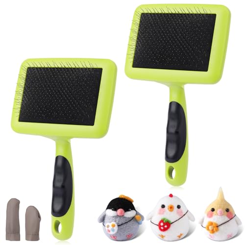 2 Pcs Large Plastic Wool Carders, Needle Felted Carding Brushes Tools with Finger Cots, Needle Felting Brushes for Wool Felting, Spinning Crafts, Pet Grooming