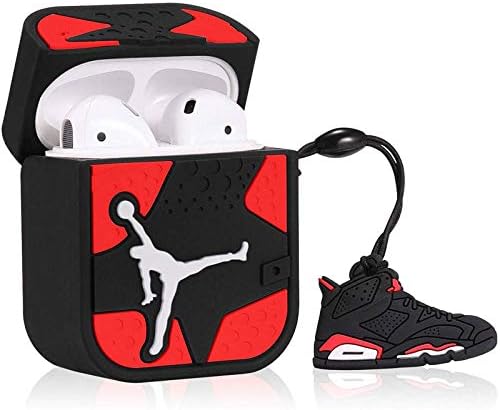 KWERKY Nike Jordan Apple AirPod 1 & 2 Case + FREE Chrome Dust Guards Silicone Cover Including Infrared Charm Black Red Keyring Red Black