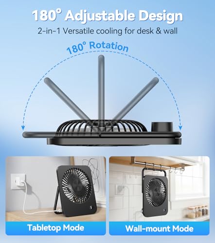 Mini USB Fan, 5 Speeds Table Fan, Very Quiet & Strong, Small Fan with 180° Swivel Stand, Portable Fan for Desk, Travel, Kitchen, Bedroom