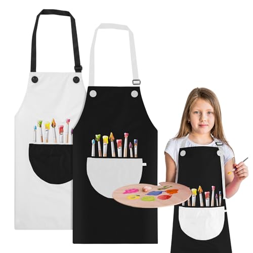 Molain 2 Pack Children's Apron, Adjustable Waterproof Art Apron with Pockets, Girls Boys Bib Aprons for Kids Painting Crafting Cooking Baking Art Gardening(Gray and Black)