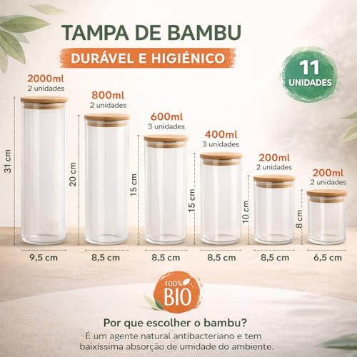 Conjunto de 11 Potes de Vidro Herméticos com Tampa de Bambu – Organizadores de Mantimentos para Cozinha – Recipientes para Grãos, Cereais, Café e Temperos – Potes de Vidro com Vedação de Silicone