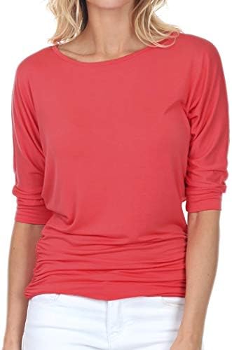 Womens V-Neck/Boat Neck 3/4 Dolman Sleeve Side Shirring Drape Basic Top Regular & Plus Size