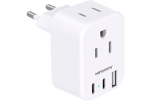 European Travel Plug Adapter USB C, HANYCONY International Plug Adapter, US to Europe Adapter Plug 2 Outlets 3 USB Ports(2 C 