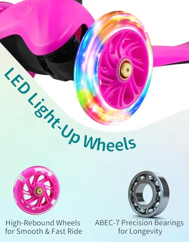 BELEEV 3 Wheel Scooter for Kids Ages 2-6, Scooter for Toddlers Girls Boys, 4 Adjustable Heights, Light Up Wheels, Lean to Steer System, Extra-Wide Deck, Kick Scooter for Children Beginners