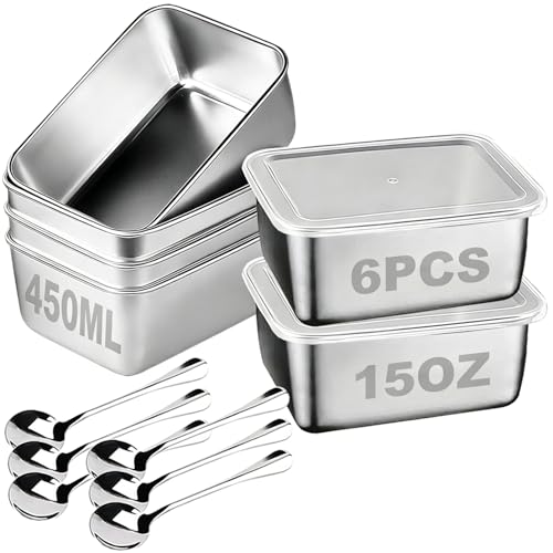 6 recipientes de acero inoxidable para conservar alimentos con tapa hermética, 450 ml, ideales para preparar comidas y guardar salsas; aptos para el refrigerador y el microondas(incluye 6 cucharas)