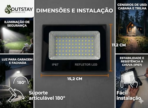 Kit 2 Refletores LED 200W Branco Frio Bivolt IP67 Alta Potência Área Externa OutStay