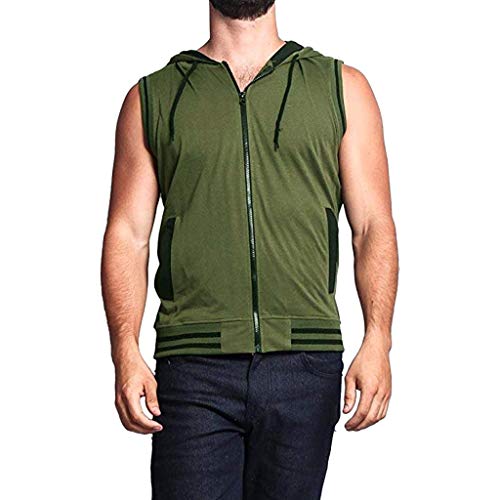 Allywit-Mens Slim Fit Lightweight Active Sleeveless Zip-up Hooded Vest Gym Tank Top Army Green