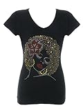 Women's Woman with Red Flower in her Hair Rhinestone Bling V-Neck T-Shirt