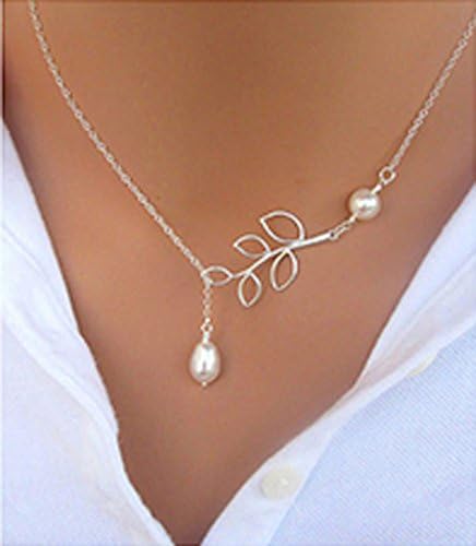 MAIDIEN Women Simple Silver Tree leaf Pearl Pendant Tassel Alloy Short Necklace