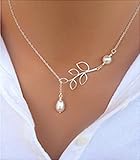 MAIDIEN Women Simple Silver Tree leaf Pearl Pendant Tassel Alloy Short Necklace