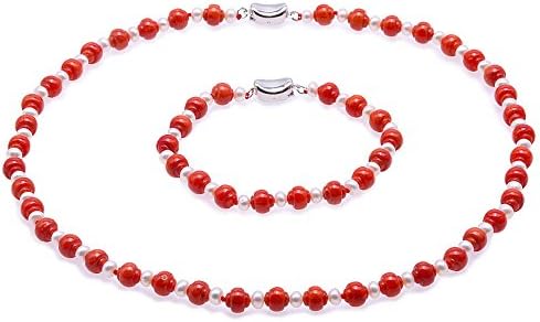 Coral Necklace and Bracelet Set Delicate 7mm Carved Red Coral and White Cultured Freshwater Pearl Necklace Bracelet Set for Women