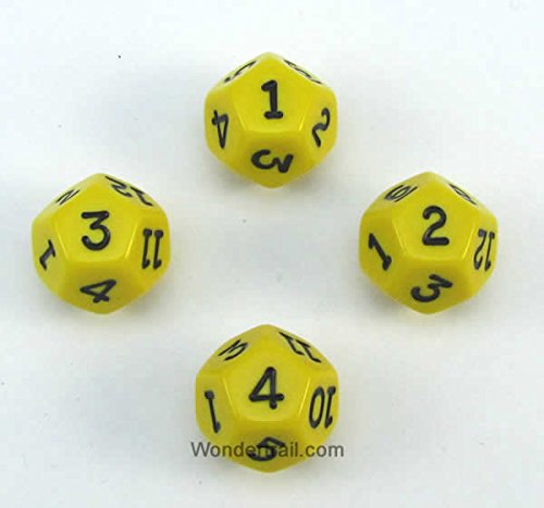 WKP02730E4 Yellow Opaque Dice with Black Numbers D12 16mm (5/8in) Pack of 4 Dice Koplow Games