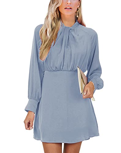 PRETTODAY WOMEN’S SATIN DRESS LONG SLEEVE TWIST HIGH NECK ELEGANT COCKTAIL PARTY MINI DRESSES (BLUE,LARGE)