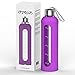 32 Oz Glass Water Bottle With Silicone Sleeve Leak Proof Lid 1L Time Marked Measurements BPA-Free For To-Go Travel At Home Reusable Eco Friendly Safe For Hot Liquids Tea Coffee Daily Intake (Purple)