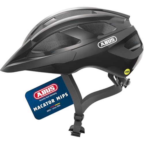 ABUS Rennradhelm Macator MIPS - Fahrradhelm für Einsteiger mit Schirm - geeignet Zopfträger - Damen und Herren - Schwarz Glänzend, Größe M, M (52-58 cm)