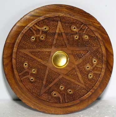 Raven Blackwood Imports Incense Burner Wooden Disc Pentacle Engraving Metal Plate Burning Cones Meditation Tool 5" Round