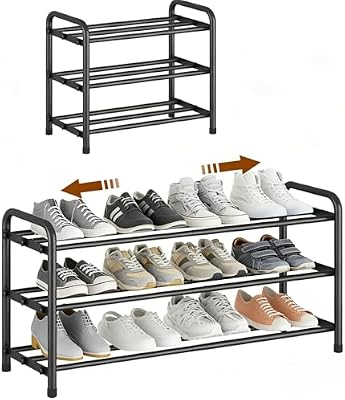 Sapateiro extensível de 3 níveis, sapateiros metálicos, sapateiro para 6-12 pares de sapatos, pequena sapateira para exterior, armários, interior, largura ajustável (45-80 cm)