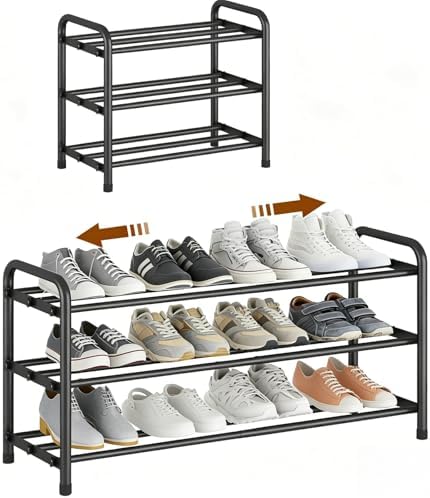 Zapatero Extensible de 3 Niveles, Zapateros de Metalico, Shoe Rack para 6-12 Pares de Zapatos, sapateira pequeño para Exterior, Armarios, Interior, Rango de Ajustable(45-80) cm ancho